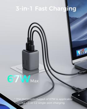 AUKEY Comet Mix 67W GaN PD PA-C3 3-Port, Wall Charger Grey