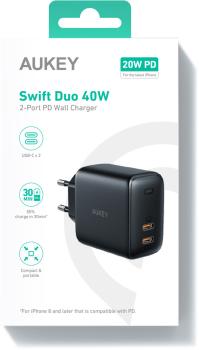 AUKEY SwiftDuo 40W PD 2-Port USB-C PA-R2S BK Portable Wall Charger Black