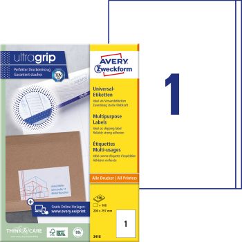 AVERY ZWECKFORM Etiketten 200x297mm 3418 weiss 100 Stk./100 Blatt