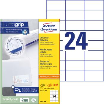 AVERY ZWECKFORM Universaletiketten 70x37mm 3474-200 weiss 5280 Stk./200+20 Blatt