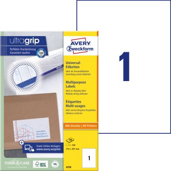 AVERY ZWECKFORM Universal-Etiketten 210x297mm 3478 weiss 100 Stk./100 Blatt