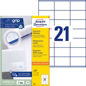 AVERY ZWECKFORM Etiketten 70x41mm 3481 weiss 2100 Stk./100 Blatt