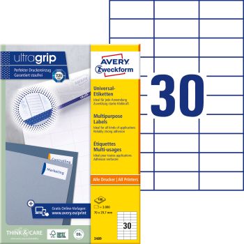 AVERY ZWECKFORM Universal-Etiketten 70x29.7mm 3489 weiss 3000 Stk./100 Blatt