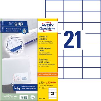 AVERY ZWECKFORM Etiketten 70x42,3mm 3652-200 weiss 4620 Stk./200+20 Blatt