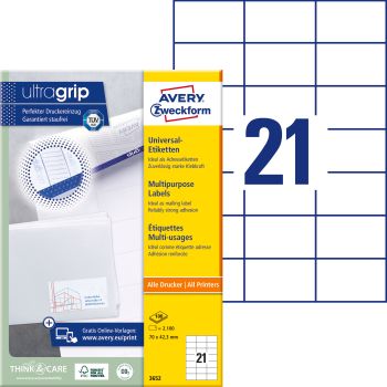 AVERY ZWECKFORM Etiketten 70x42,3mm 3652 weiss 2100 Stk./100 Blatt