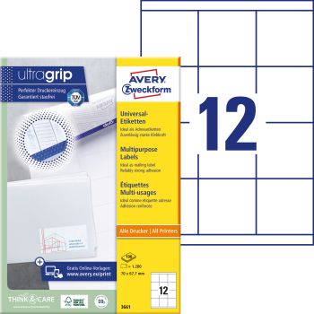 AVERY ZWECKFORM Etiketten 70×67,7mm 3661 weiss 1200 Stk./100 Blatt