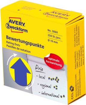 AVERY ZWECKFORM Bewertungspunkte Pfeil 19mm 3860 gelb, Spender 250 Stück