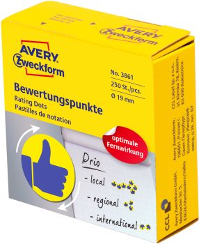 AVERY ZWECKFORM Bewertungspunkte Daumen 19mm 3861 gelb, Spender 250 Stück