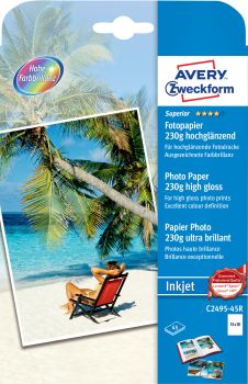 AVERY ZWECKFORM InkJet Fotopapier 13x18cm C2495-45R 230g,glossy, weiss 45 Blatt