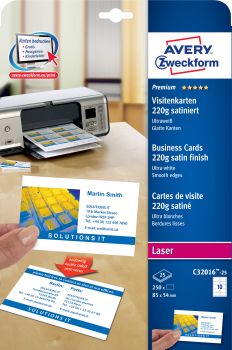 AVERY ZWECKFORM Visitenkarten doppels. 85x54mm C32016-25 Laser,220g,weiss 25Bl./10Stk.