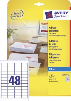 AVERY ZWECKFORM Adressetiketten 45,7x21,2mm J4791-25 InkJet, weiss 1200 Stk./25 Bl.