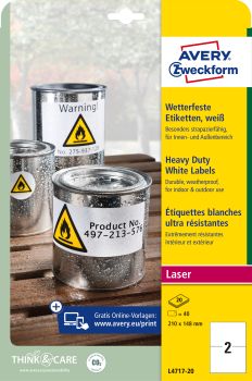 AVERY ZWECKFORM Etiketten Laser 210x148mm L471720 weiss, wetterfest 20 Blatt