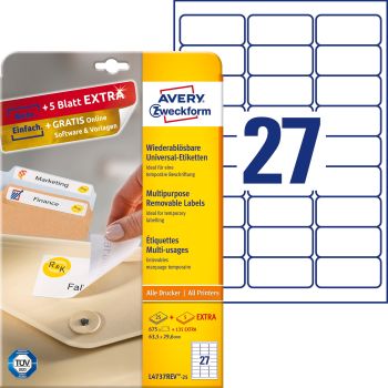 AVERY ZWECKFORM Universal-Etikett. 63.5x29.6mm L4737REV-25 weiss 810 Stk./25 + 5 Blatt