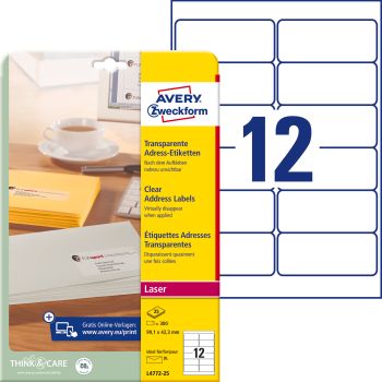 AVERY ZWECKFORM Adressetiketten 99,1x42,3mm L4772-25 Laser, transp. 300Stk./25Bl.