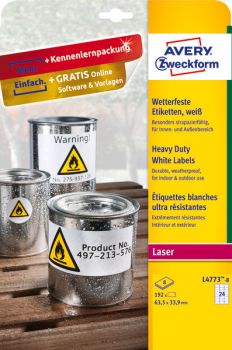 AVERY ZWECKFORM Etiketten Laser 63,5x33,9mm L47738 weiss, wetterfest 8 Blatt