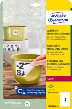 AVERY ZWECKFORM Folienetiketten 210x297mm L4775REV2 weiss,non-perm. 20 St./20 Bl.