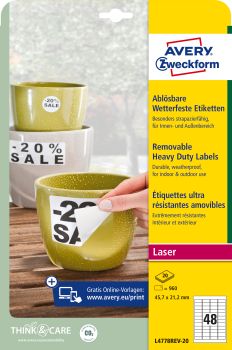 AVERY ZWECKFORM Folienetiketten 45,7x21,2mm L4778REV2 weiss,non-perm. 960 St./20 Bl.