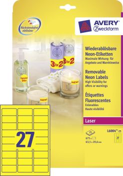 AVERY ZWECKFORM Etiketten 63,5x29,6mm L6004-25 gelb,non-perm. 675 Stk./25 Bl.