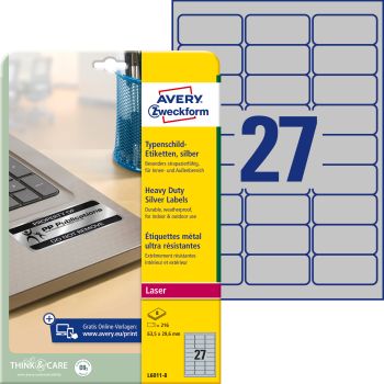 AVERY ZWECKFORM Typenschild-Etik. 63,5x29,6mm L6011-8 silber 8 Blatt/216 Stk.