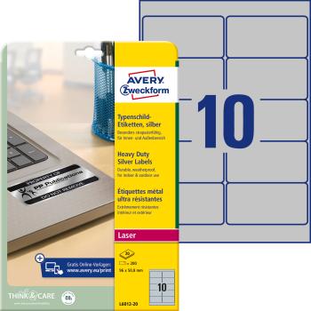 AVERY ZWECKFORM Typenschild-Etik. 96x50,8mm L6012-20 silber, Laser 200 St./20 Blatt