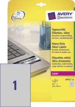 AVERY ZWECKFORM Typenschild-Etik. 210x297mm L6013-20 silber,Laser 20 St./20 Blatt