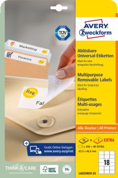 AVERY ZWECKFORM Etiketten 63,5×46,6mm L6025REV2 weiss 540 Stk./25 + 5 Blatt