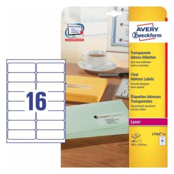 AVERY ZWECKFORM Adress-Etik. Laser 99,1x33,9mm L7562-25 transparent 400 St./16 Blatt