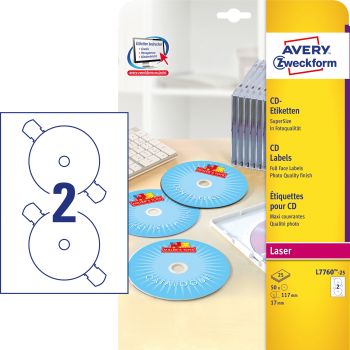 AVERY ZWECKFORM CD-Etiketten Supersize 117mm L7760-25 weiss, glossy 50 Stück