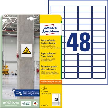 AVERY ZWECKFORM Etiketten Univ. 45.7x21.2mm L7873-20 weiss, stark haftend 20 Blatt