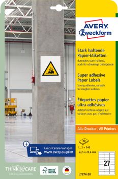 AVERY ZWECKFORM Etiketten Univ. 63.5x29.6mm L7874-20 weiss, stark haftend 20 Blatt