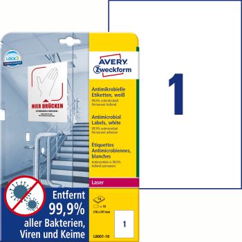 AVERY ZWECKFORM Etiketten L8001-10 Antimic. 210x297mm weiss