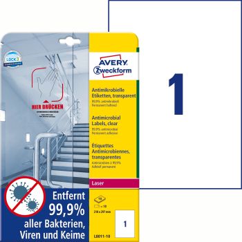 AVERY ZWECKFORM Etiketten L8011-10 Antimic. 210x297mm transp.