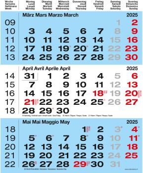 CALENDARIA 3-Monats-Wandkalender 2025 783036204581 blau 31x40cm