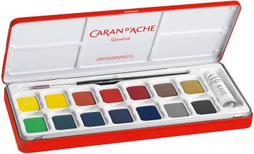 CARAN D'ACHE Gouache Studio Wasserfarben 1000.315 14 Farben, 1 x weiß + Pinsel