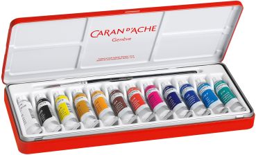 CARAN D'ACHE Deckfarbe Gouache 2001.312 12 Tuben Metallbox, Pinsel