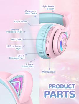 ICLEVER Headphones Kids Cat C04-2083N-14 74/85/94 dB, 50h pink