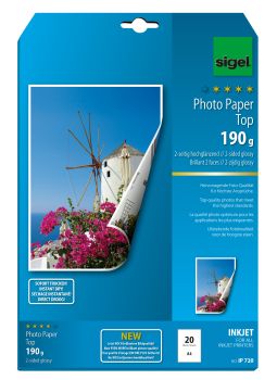 SIGEL InkJet Fotopapier A4 IP720 190g,glossy, weiss 20 Blatt