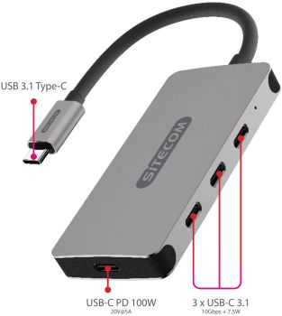 SITECOM USB-C Hub 4 Port CN-386 USB-C with PD 10Gbps, 100W PD