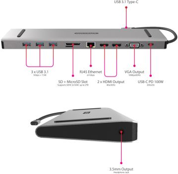 SITECOM USB-C Multi Dock 2xHDMI,VGA CN-389 3x USB-A,LAN, SD, mSD USB-C PD