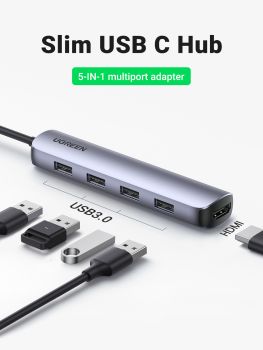 UGREEN USB-C Hub 5in1, Silver 20197 HDMI,4xUSB-A