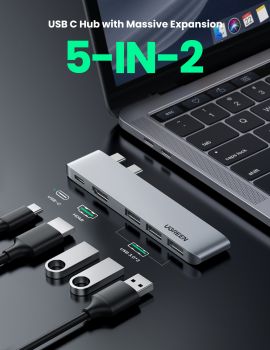 UGREEN USB-C 5in2 Hub, Grey 60559 HDMI,3xUSB-A,USB-C MB Pro/Air