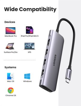 UGREEN USB-C Hub 6in1, Silver 70410 HDMI,3xUSB-A, SD TF