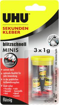 UHU Sekundenkleber 51635 flüssig, MINIS 3 x 1g