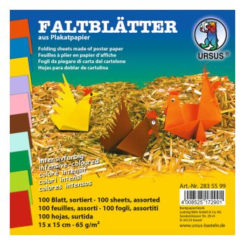 URSUS Faltblätter Origami 15×15cm 2835599 10 Farben ass. 100 Blatt