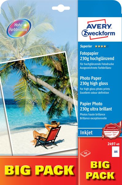 AVERY ZWECKFORM InkJet Fotopapier A4 2497-40 230g,glossy, weiss 40 Blatt