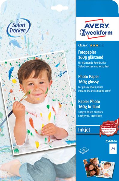 AVERY ZWECKFORM InkJet Fotopapier A4 2568-20 160g,glossy, weiss 20 Blatt