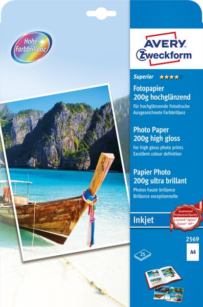 AVERY ZWECKFORM Superior Inkjet Fotopapier A4 2569 200g, hochglanz 25 Blatt