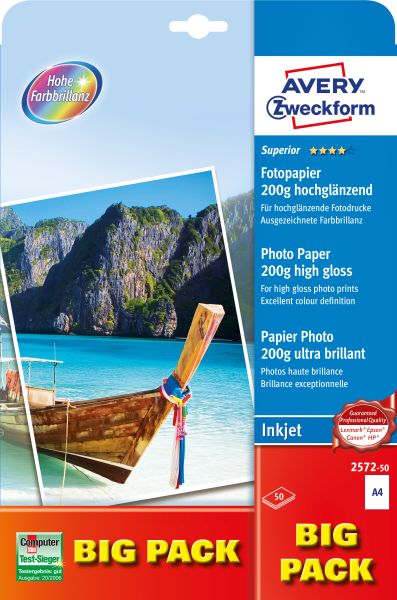 AVERY ZWECKFORM InkJet Fotopapier A4 2572-50 200g,glossy, weiss 50 Blatt