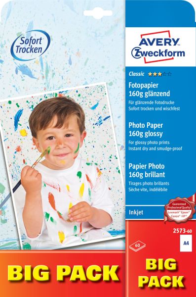 AVERY ZWECKFORM InkJet Fotopapier A4 2573-60 160g,glossy, weiss 60 Blatt