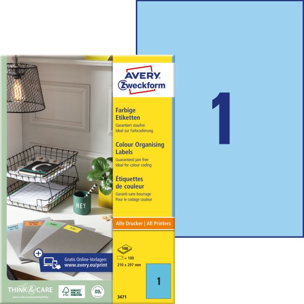 AVERY ZWECKFORM Etiketten A4 3471 blau 100 Stück